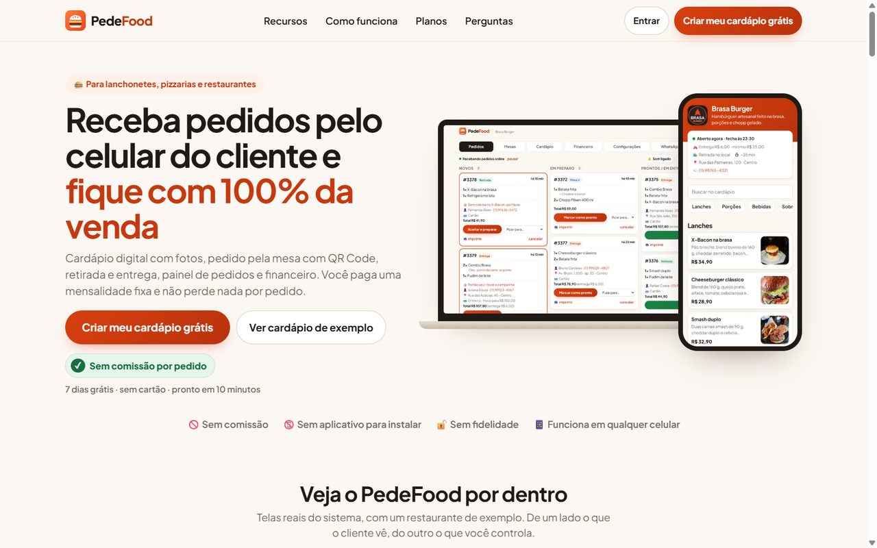 Página do PedeFood no computador